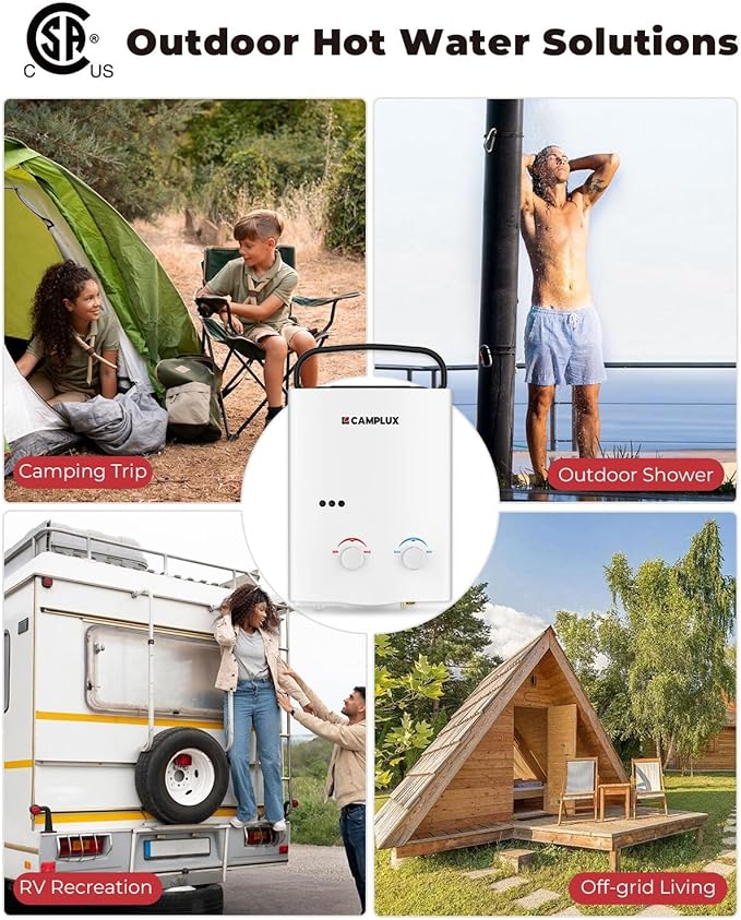 Camplux Tankless Water Heater, 1.32 GPM Portable Propane Outdoor Camping Water Heater, 5L, AY132, White