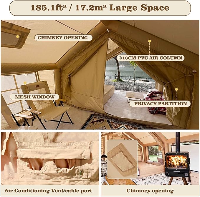 Coody Inflatable Canvas Camping Tents with Stove Jack – Premium Air Beam Family Glamping Tent, Breathable Cotton Canvas, Fast Setup Air Tent with Pump