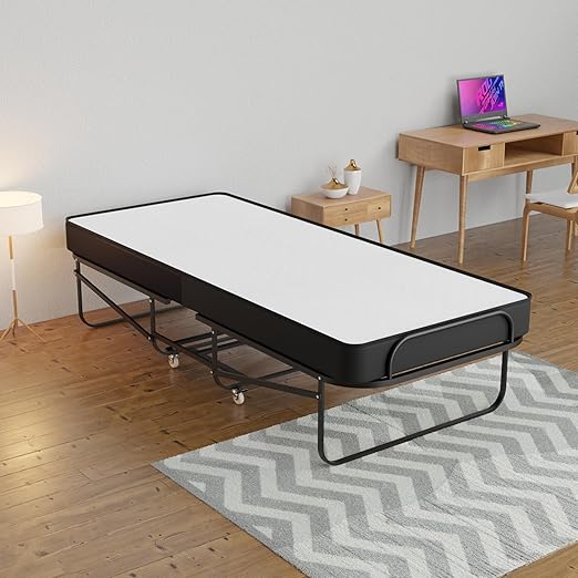 Spring Coil, 16-Inch Rollaway Folding Cot Bed with 5" Memory Foam Mattresses, Sturdy Metal Folding Frame, Fully Assembled, Great for Adults and Kids, Twin, White