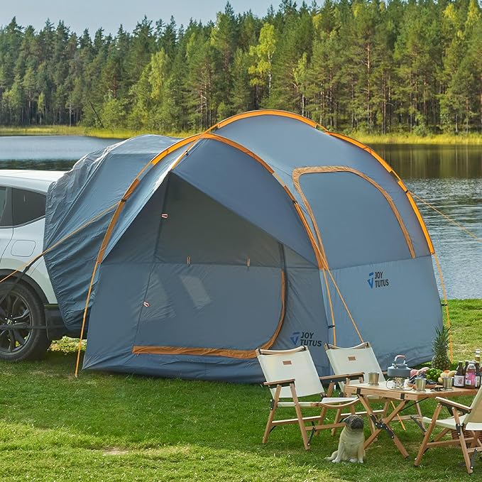 JOYTUTUS SUV Tent for Camping with Rainfly, Double Door Design Car Tent with Aluminum Poles, SUV Tailgate Tent with Waterproof PU2000mm Double Layer for 4-8 Person, Orange