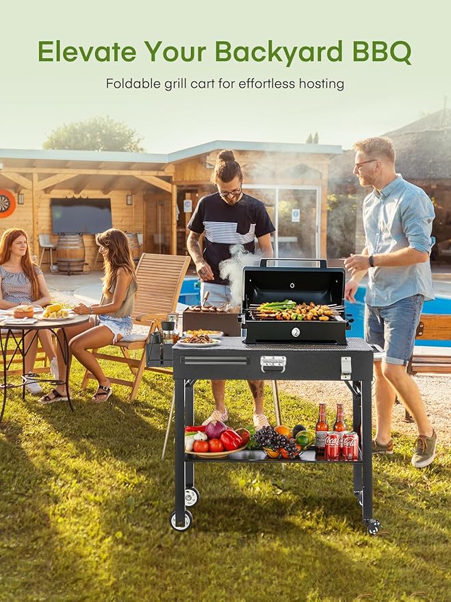FOHERE Folding Grill Cart for Blackstone 16-28 Inch Griddle, Portable Outdoor BBQ Prep Table with Wheels & Paper Towel Holder, Stand for Camping, Patio, Tailgating