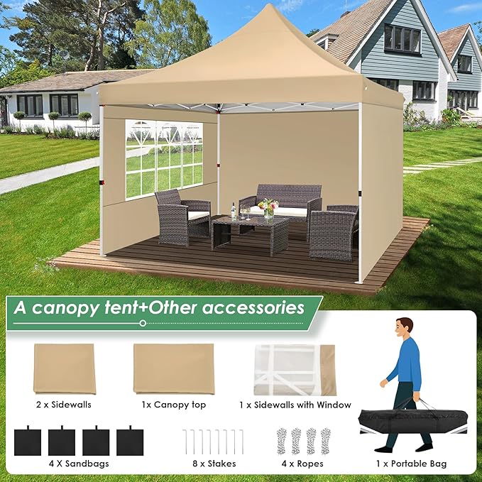 COBIZI Canopy 10x10 Pop Up Canopy Tent with 3 Sidewalls, Commercial Party Tent Ez Waterproof Outdoor Instant Gazebo UV 50+ Event Shelter, Garden Tents for Parties Camping with Sandbags，Khaki