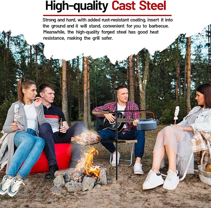 Swivel Campfire Grill Grate Heavy Duty Camping Grill 360° Adjustable Over Fire Pit Grill for Outdoor Barbecue Camping Garden Dinner - 48" Rustproof Long Stakes