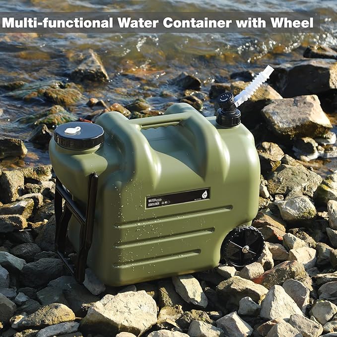 REDCAMP 7.4 Gal Water Container with Wheels & Spigot | Portable Rolling Emergency Camping Water Jug with Folding Handle | BPA Free Food Grade Water Storage Tank for Camping, Hiking(28L, Green)