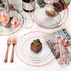 bUCLA 600PCS Clear Rose Gold Plastic Dinnerware Set Disposable - Include 100 Dinner Plates, 100 Dessert Plates, 100 Knives, 100 Forks, 100 Spoons, 100 Cups for Party, Wedding & Valentines Day