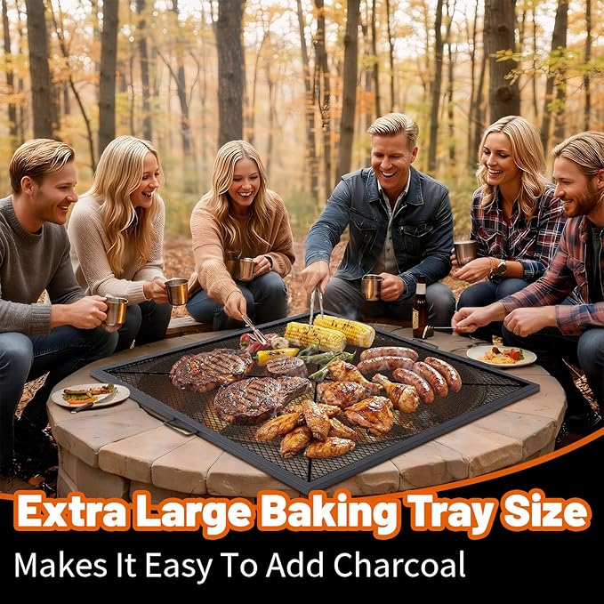 40 Inch Square Fire Pit Grill Grate with Handles, Heavy Duty Campfire Cooking Grate for Fire Pit, Steel BBQ Grill Grid for Outdoor, Camping