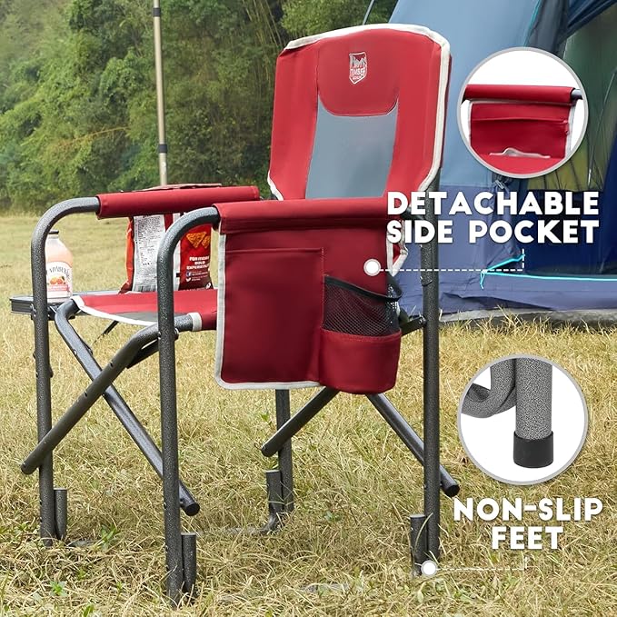 TIMBER RIDGE Lightweight Oversized Camping Chair, Aluminum Directors Chair with Side Table for Outdoor Camping, Lawn, Picnic and Fishing, Supports 400lbs, Red 2PCS