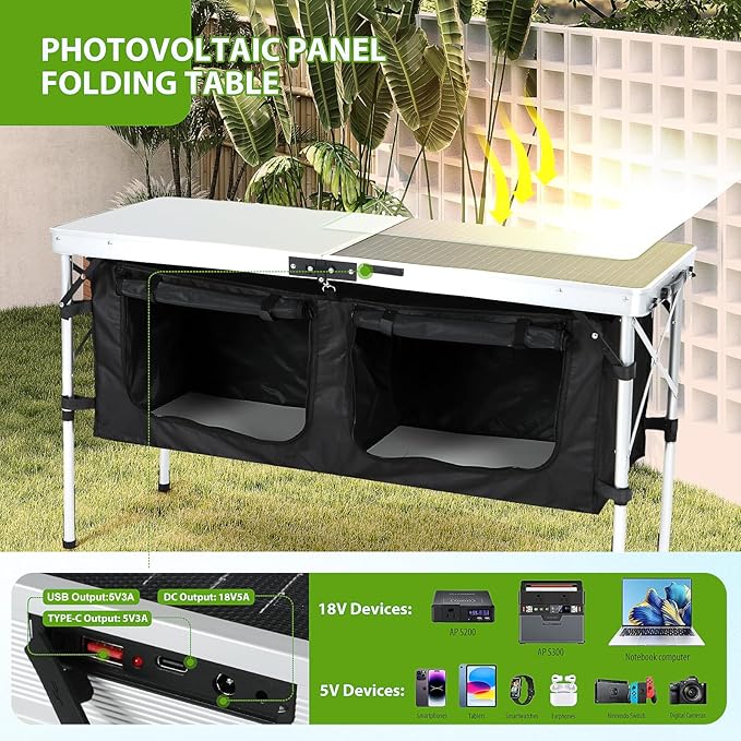 Nice C Camping Table, Storage Camping with Solar Panels Camping Kitchen Table, Upgrade Light Stand and 3 Organizers