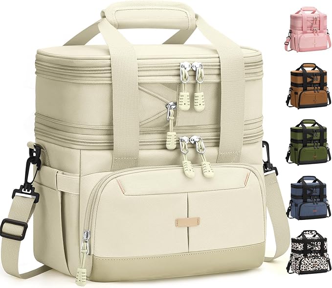 Lunch Box For Men Women Double Deck Insulated Lunch Bag For Men Woman Leakproof Expandable Cooler Bag with Adjustable Shoulder Strap for Kids Shool Work Picnic Camping(Beige,Large)