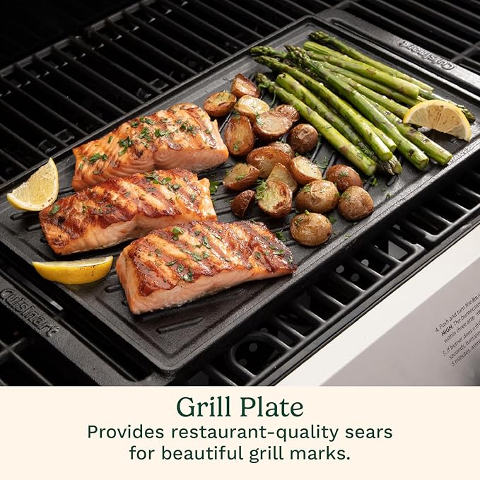 Cuisinart Reversible Cast Iron Grill/Griddle Plate, 15.75” x 9” Pre-Seasoned Cooking Surface with Flat and Ribbed Sides, Stovetop Griddle for Electric Ranges, Use on Stove, Campfire, or Gas Grill