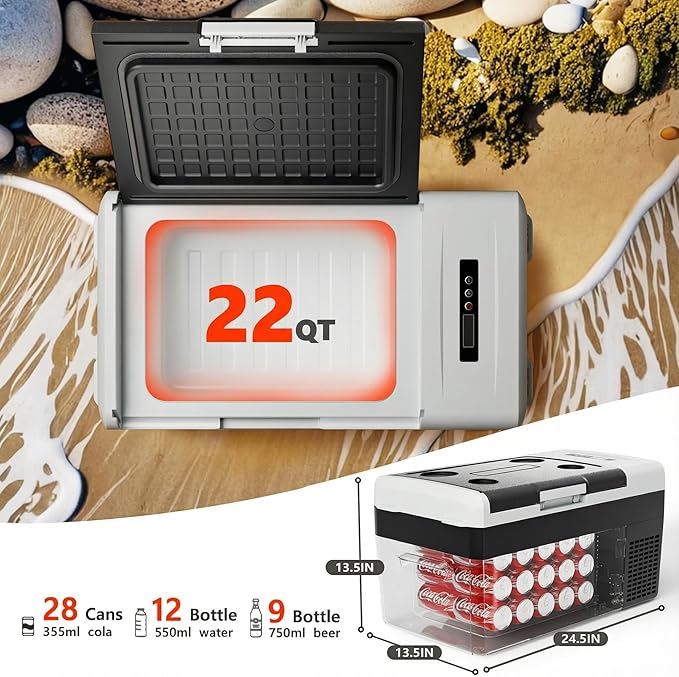 Portable 12V Refrigerator, 22 Quart Compressor Electric Cooler, 12V Fridge -4℉-68℉, Portable Freezer for Camping, RV, Outdoor