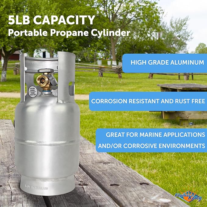 Flame King 5LB Aluminum Propane Tank with Gauge & OPD Valve, Corrosion-Resistant and Rust-Free, Lightweight, Great for Marine Applications, Grills and BBQs, Camping, Fishing, & Outdoor Activities