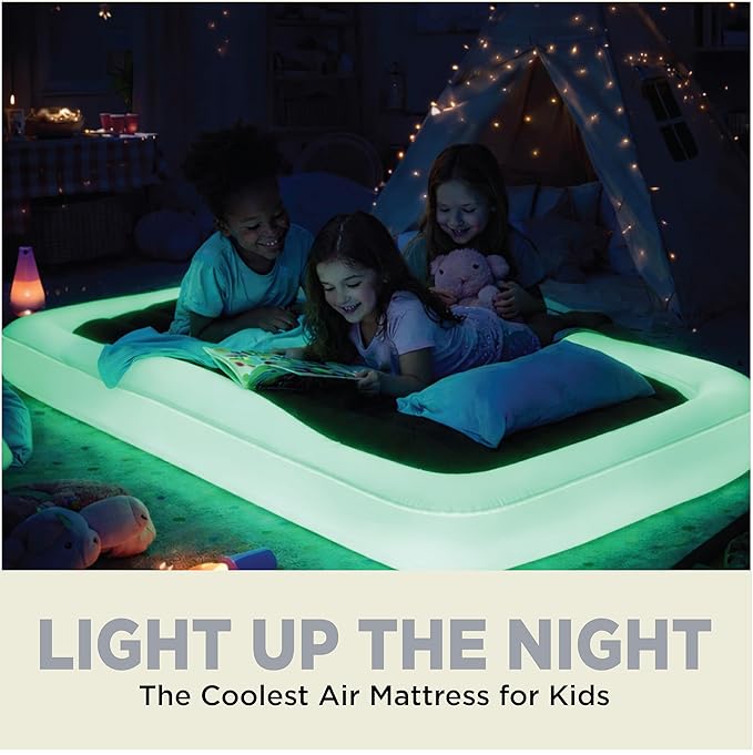 The Shrunks Inflatable Travel Bed with LED & Remote – Portable Kids Air Mattress for Travel, Camping & Sleepovers – Blow Up Bed with Glowing Halo Designed for Balance – Toddler Size