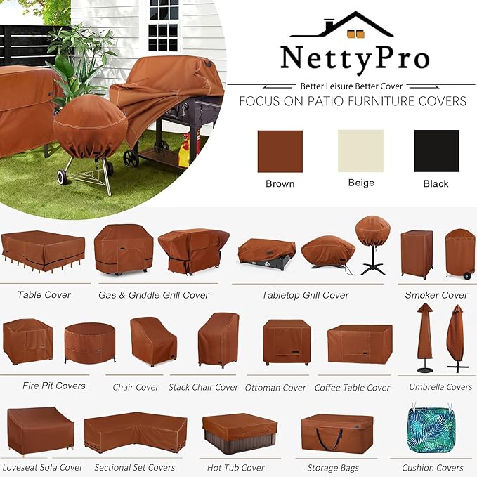 NettyPro Grill Cover for Outdoor Grill 64 inch, Waterproof Heavy Duty Gas BBQ Cover for Outside Weber, Char-Broil, Brinkmann, Jenn Air, Nexgrill 3-4 Burners Barbecue, Brown
