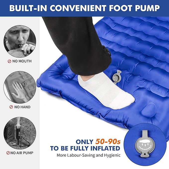 HiiPeak Ultralight Inflatable Sleeping Mat with Built-in Foot Pump & Pillow, Compact Air Mattress for Backpacking, Hiking (Light Blue)