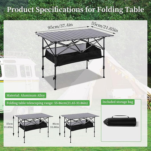 Adjustable Height Aluminum Folding Camping Table，Folding Grill Table，for Outdoor, Camping, Beach, BBQ, Patio, and Picnic, Durable & Waterproof with Carrying Bag (Trumpet)