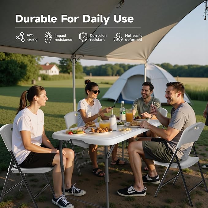 4FT Folding Table Set with 4 Chairs – Heavy-Duty 400 lb Table & 600 lb Chairs, Dual-Height Adjustment, Portable Folding Furniture Set for Camping, Parties, Indoor & Outdoor Use