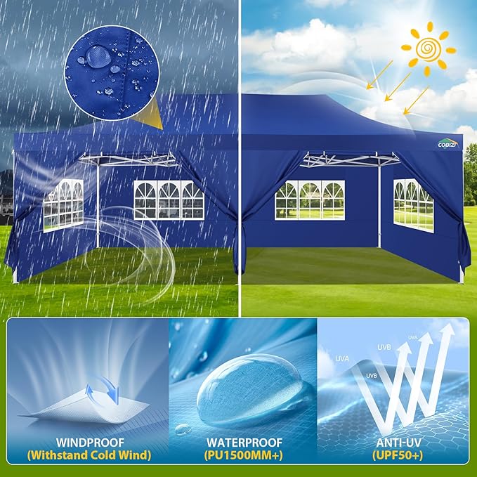 COBIZI 13x26 Pop Up Canopy with 6 Removable Sidewalls Heavy Duty Canopy Party Tents for Parties, Outdoor Wedding Large Event Tent Wind Waterproof UPF 50+ Easy Up with Roller Bag, Dark Blue