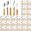 Eboot Bamboo Silverware Set 18/8 Stainless Steel Tableware Set Natural Utensil Flatware Kit Spoon Fork Knives Bamboo Handle Cutlery for Kitchen Wedding Home Restaurant Party(Silver,120 Pieces)