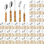 Eboot Bamboo Silverware Set 18/8 Stainless Steel Tableware Set Natural Utensil Flatware Kit Spoon Fork Knives Bamboo Handle Cutlery for Kitchen Wedding Home Restaurant Party(Silver,120 Pieces)