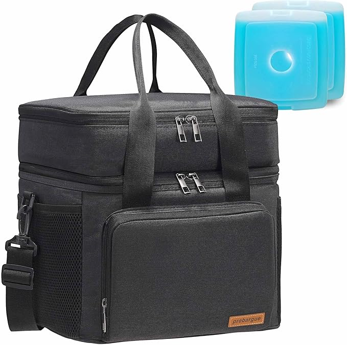 Lunch Bag-Double Deck Insulated Lunch Box for Men Women, Soft Leakproof Thickened Cooler Bag for Work , Picnic, Outdoor, Camping, Travel with 2 Ice Packs(Black，15L)