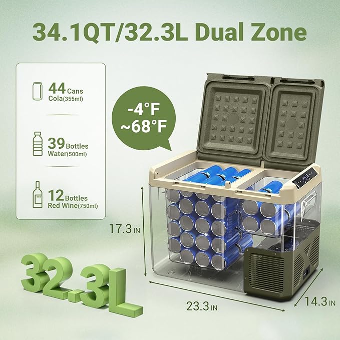 BODEGACOOLER 12 Volt Car Refrigerator, 34.1 Quart Car Fridge Dual Zone, 12V Portable Freezer APP Control, RV Car Cooler -4℉-68℉ 12/24V DC 100-240V AC for Outdoor Camping Travel Vehicles Home Use