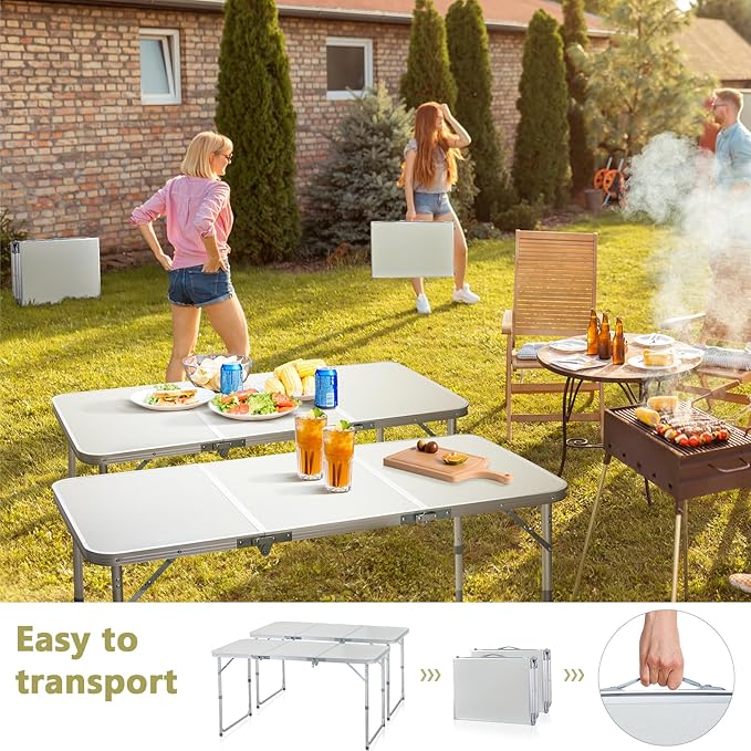 4.0 Ft Folding Portable Camping Table, Adjustable Height, Outdoor Waterproof Aluminum Lightweight Suitcase Table for Picnic, BBQ, Beach, Dining