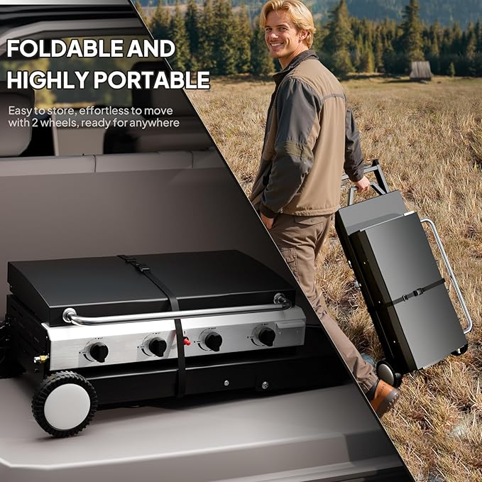 Bonnlo Foldable Flat Top Grill with 4 Burner & Lid, Powerful 40,000 BTU Propane Gas Grills with Ignition, Enamel Griddle, Side Shelf & Portable Cart with Wheels for Outdoor Camping Hibachi Grill Use
