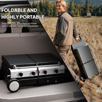 Bonnlo Foldable Flat Top Grill with 4 Burner & Lid, Powerful 40,000 BTU Propane Gas Grills with Ignition, Enamel Griddle, Side Shelf & Portable Cart with Wheels for Outdoor Camping Hibachi Grill Use