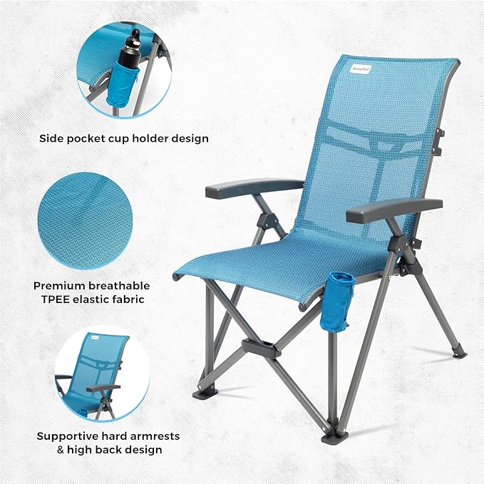 SUNNYFEEL Folding Camping Chair Outdoor Reclining Adjustable 3 Position Heavy Duty Adults 500 LBS Capacity with Hard Armrests & Cup Holder, Blue Ergonomic Chairs for Outdoor, Camp, Beach, Travel, RV