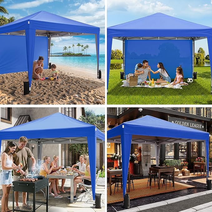 10x10 Pop Up Canopy with Sidewalls, Outdoor Instant Canopy Tent with Carry Bag for Commercial Events, Camping, Backyard Parties - Blue