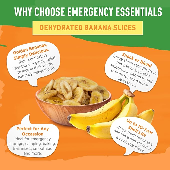 Emergency Essentials, Dehydrated Banana Slices, Emergency Food Supplies, 10-Year Shelf Life, 24 Servings