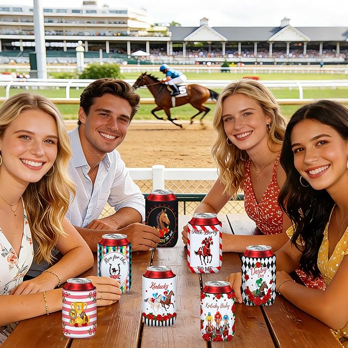 Kentucky Horse Derby Can Cooler Sleeves, 18-Pack Neoprene Derby Beverage Coolers Derby Party Supplies with 9 Unique Designs for Beverage Insulation Cup Decorations