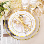 bUCLA 300PCS Gold Disposable Dinnerware Set - White and Gold Plastic Plates - Include 50 Each (Dinner&Dessert) Plates,50 Knives,50 Forks,50 Spoons,50 Cups for Party