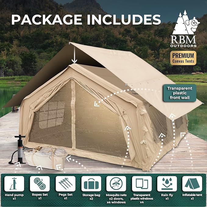 Coody Inflatable Canvas Camping Tents with Stove Jack – Premium Air Beam Family Glamping Tent, Breathable Cotton Canvas, Fast Setup Air Tent with Pump