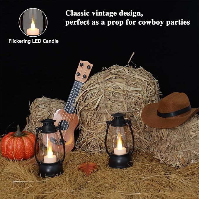 12PCS Black Mini Lanterns with Remote Control, 5.1" H/13cm (6.7" H with Handle) Vintage LED Lantern Decorative - Christmas Table Centerpieces, Western Party Decorations & Camping Party Decor