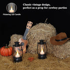 12PCS Black Mini Lanterns with Remote Control, 5.1" H/13cm (6.7" H with Handle) Vintage LED Lantern Decorative - Christmas Table Centerpieces, Western Party Decorations & Camping Party Decor