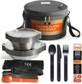 FULL WINDSOR - MAGWARE - 35-Pcs Stainless Steel Camping Mess Kit - Plates, Cups, Bowls, Cutlery & Utensils for 1-4 Person, Magnetic Flatware & Dinnerware Set for Outdoor Scouts & Kids, Bag Included