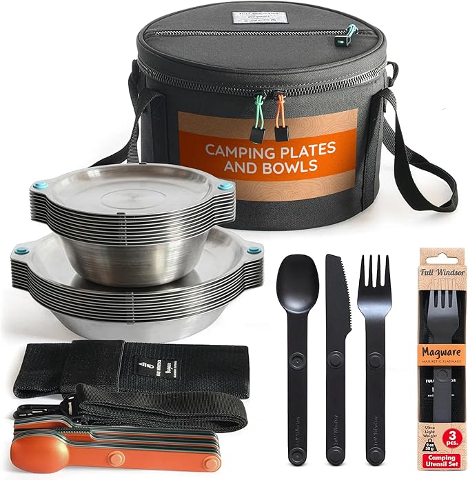 FULL WINDSOR - MAGWARE - 35-Pcs Stainless Steel Camping Mess Kit - Plates, Cups, Bowls, Cutlery & Utensils for 1-4 Person, Magnetic Flatware & Dinnerware Set for Outdoor Scouts & Kids, Bag Included