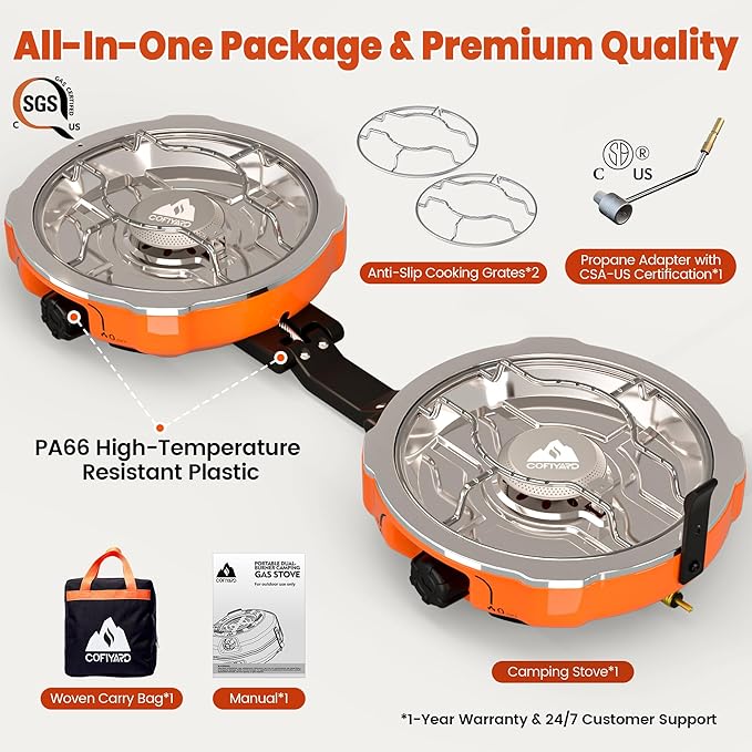 20,000 BTUs 2 Burner Propane Camping Stove, Portable Folding Camp Stove with Adjustable Burners, Regulator and Carrying Bag, Dual Gas Stoves Easy Carrying Handle for Tailgating, Camping, BBQ