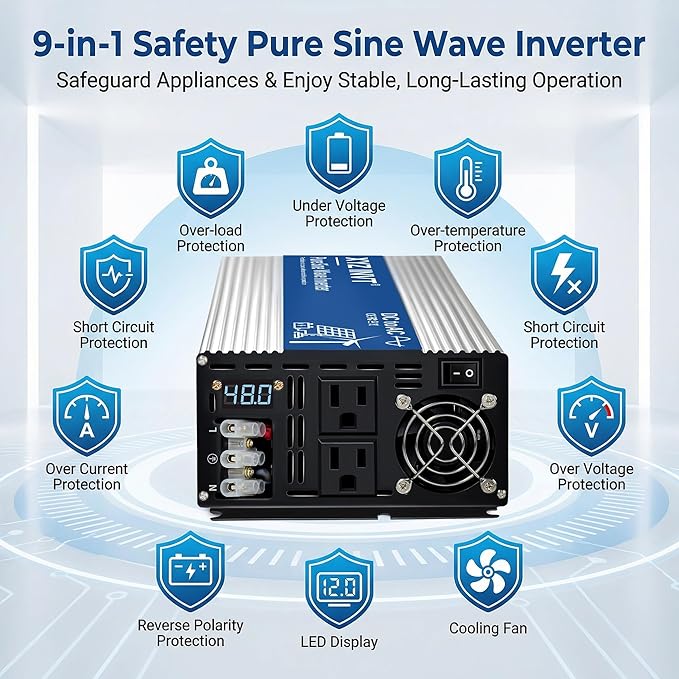 2500W Pure Sine Wave Inverter DC 48V to AC 110V 120V Power Inverter with Dual AC Outlets & Hardwire Terminal & LED Display for Solar,Home Backup Power,Outdoor Over 90% Efficiency