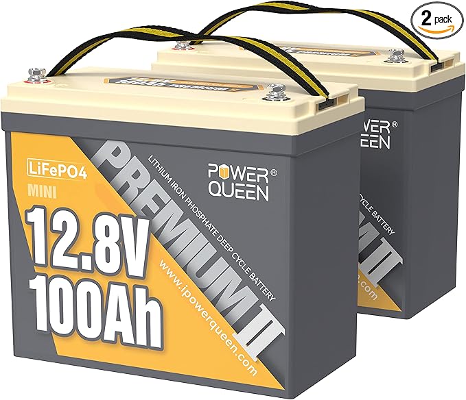 Power Queen 2 Pack Mini LiFePO4 Lithium Battery, 12V 100Ah Battery with Built-in 100A BMS, 1280Wh Energy, Up to 15000 Cycles, 10-Year Lifespan for Home Solar Energy System, RV, Camping