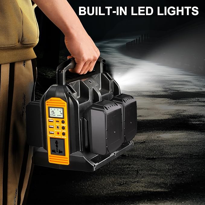 350W Power Inverter for Dewalt 20V 60V Li-ion Battery, 4-Port 20V to 120V Pure Sine Wave Inverter with LED Light, 3 USB-A Port, 1 USB-C Port, 1 DC Port, Power Station for Outdoor Camping (Tool Only)