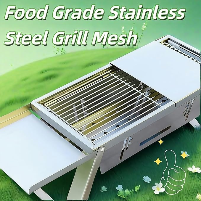 Foldable Small Charcoal Grill - Stainless Steel & High - Temp Resistant, Perfect for 2-3 Outdoor Enthusiasts! Ideal for Camping, BBQs, Picnics & Tailgating, Super Portable Yakitori Grills