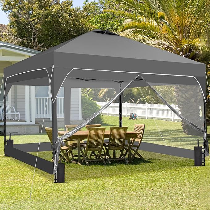 GDY 8x8FT Outdoor Pop Up Canopy Tent with One Push Setup, Easy Setup Gazebo with 4 PVC Transparent Sidewalls for Events, Parties, Camping, Gray