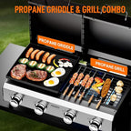 Bonnlo 4 Burners Gas Flat Top Grill and Griddle Combo with Lid, Powerful 40,000 BTU Grills with Integrated Ignition & Heat-resistant coating, Camping Grill with Simple Control Knob for Outdoor BBQ Use