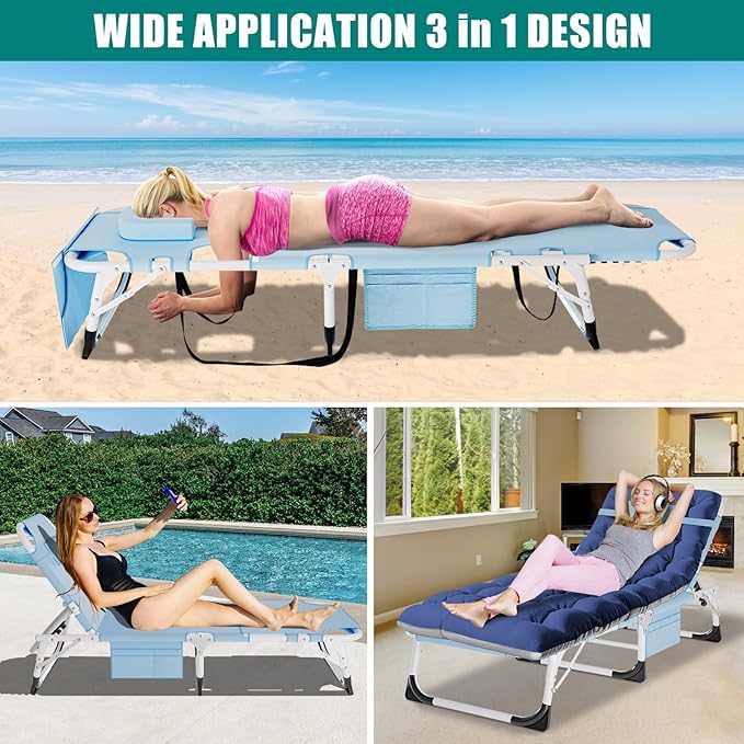 DoCred Heavy Duty XXL Tanning Chair with Face Hole&Mat, Oversized 5-Position Folding Chaise Lounge Chairs for Outside, Portable Beach Lounge Chair for Outdoor Sunbathing Beach Pool Lawn Camping