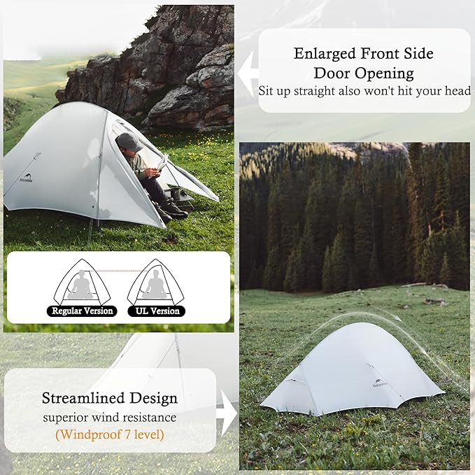 Naturehike 1-2 Person Cloud up UL Tent - Ultralight 3.1lb/3.5lb Backpacking Tent, Waterproof Free Standing Camping Tent for One Man, Hiking, Cycling, Two Person, Double Layer