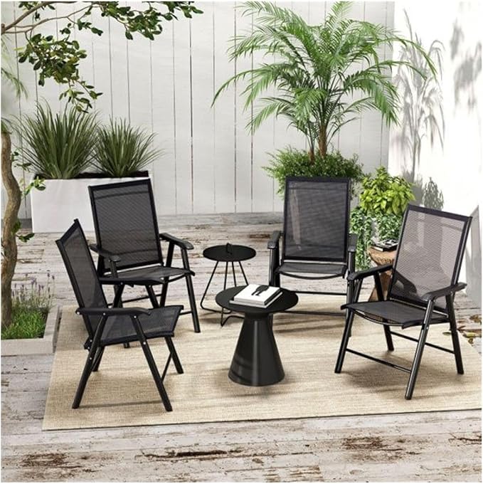 Folding Camping Chairs Set of 4, Portable Outdoor Chair with Armrests, Heavy Duty Steel Frame for Concerts, Fishing, Black
