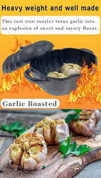 Garlic Roaster, Pre-Seasoned Cast Iron Garlic Roaster Oven Baker and Garlic Presses Set for Kitchen, Pumpkin Soup Pot Casserole, BBQ Grill Garlic Roasted Baker Tool for Outdoor BBQ Camping